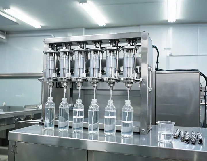 Piston liquid filling machine trial with viscosity sample and container opening check